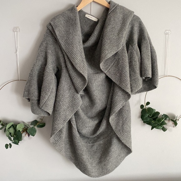 Sleeping on Snow Anthropologie Gray Open Ruffle Front Cardigan Wrap Sweater  OS - Picture 5 of 9